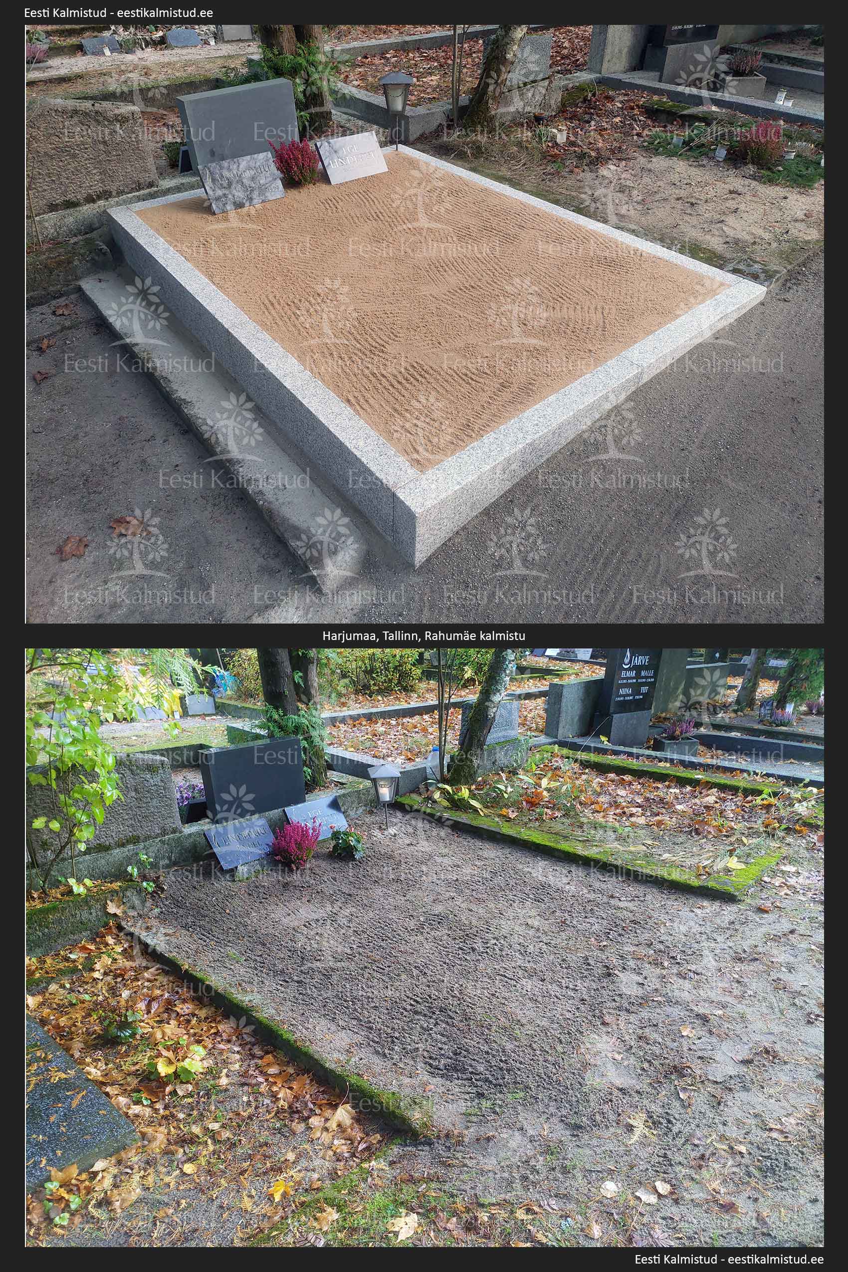 helehallist graniitplokkidest hauapiirded, hauaplaatide puhastamine ja paigaldamine, liivaga katmine (all geotekstiil), piirde katmine määrdumist vähendava vahendiga